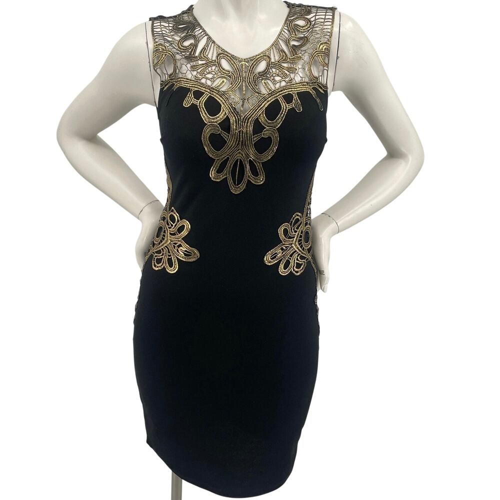 Belinda USA Women Black Sleeveless Dress Gold Bodice Detailing Keyhole Back Sz S
